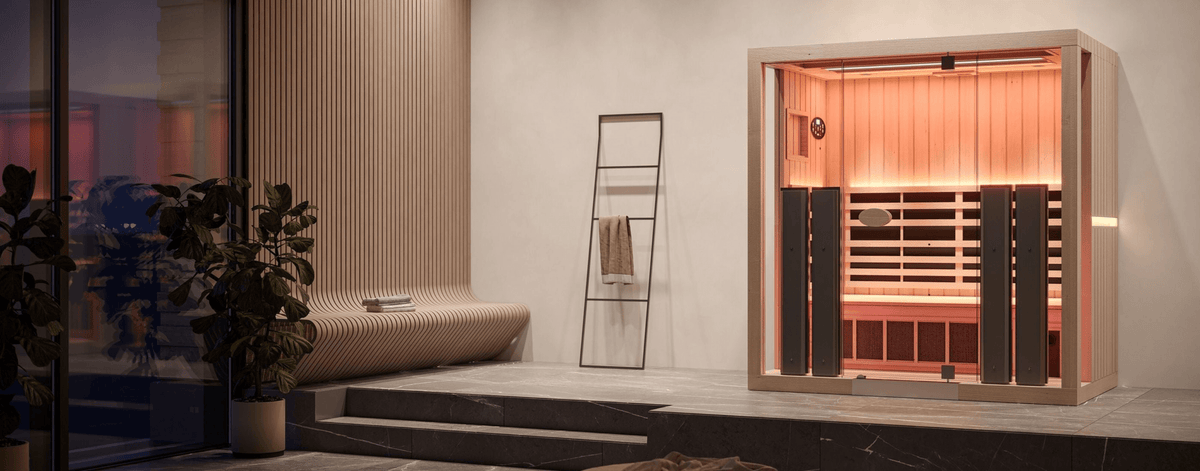 Jacuzzi full-spectrum infrared sauna with red light therapy, available at Jacuzzi Hot Tubs Rochester, NY.