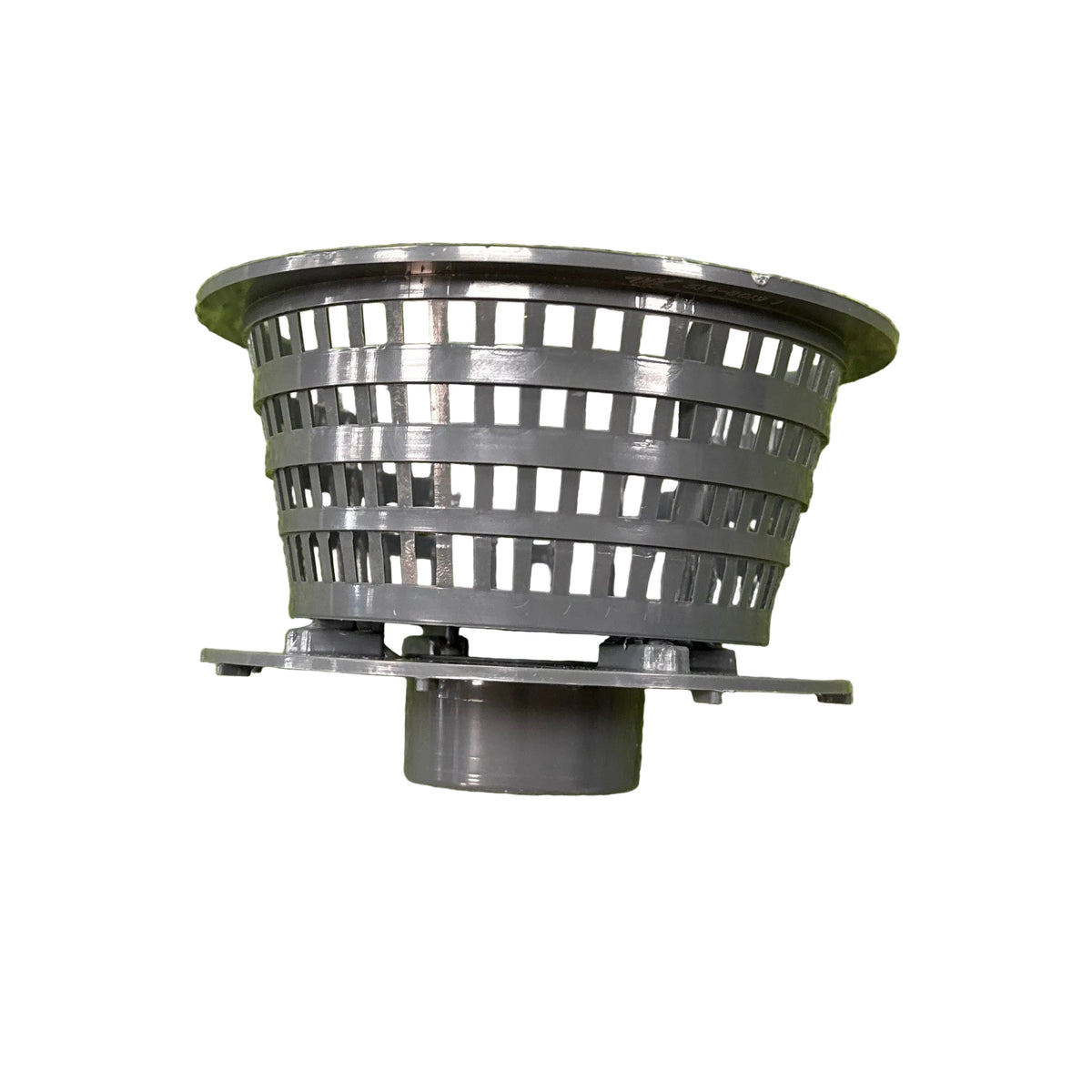 A dark gray plastic drain basket with a slotted body and flange base, white background