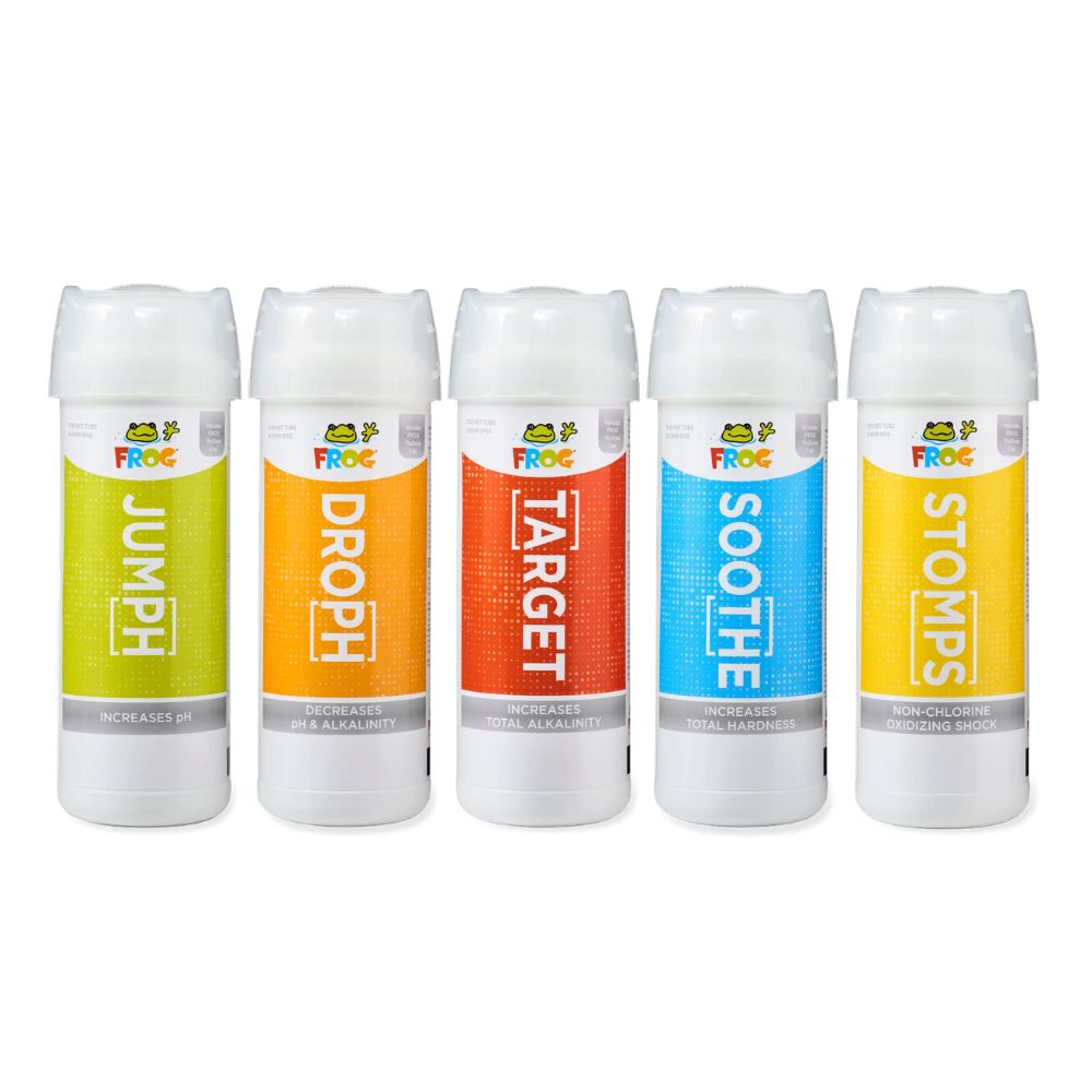 Five white cylindrical water filter cartridges with colorful labels in green, orange, red, blue, and yellow, branded Frog on a plain white background.