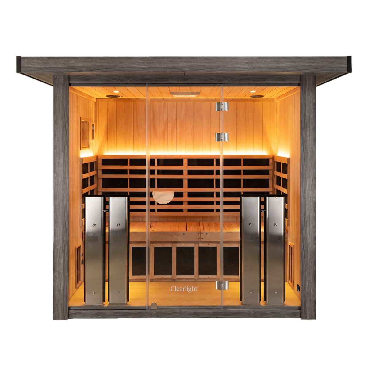 front picture of a infrared sauna on a white backdrop with bench flat