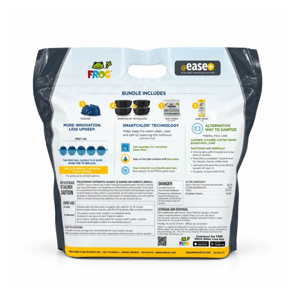 The back of a Frog Farm EaseCare bundle product bag, showing detailed instructions, included items, and safety information on a white background.