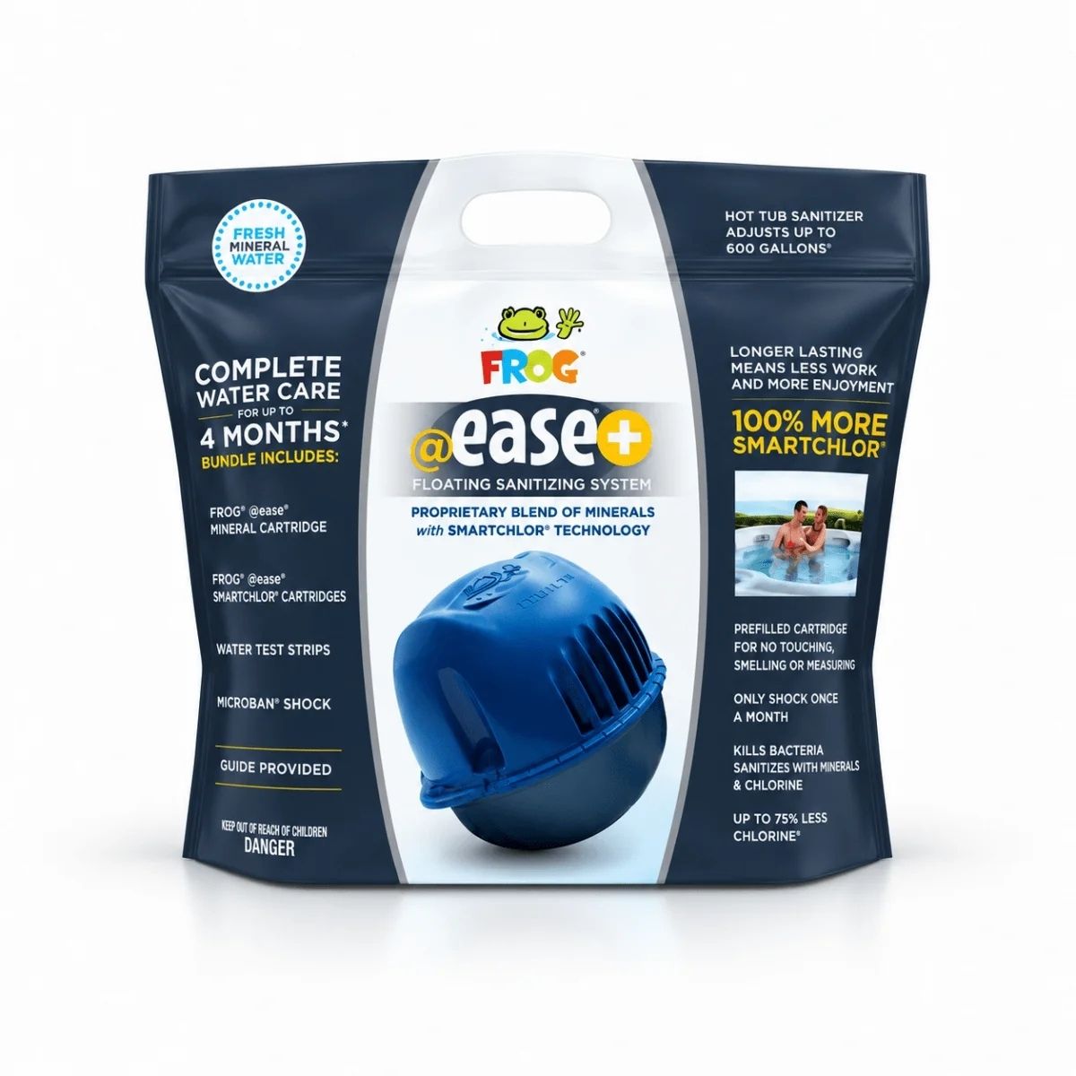 A bag of Frog Ease+ Floating Sanitizing System Complete Water Care Bundle, featuring a blue cartridge and product information on a white background.