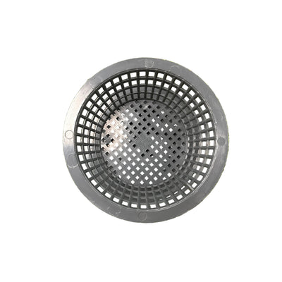 A round black plastic basket or drain insert with a perforated grid pattern, shown from a top-down view on white background 