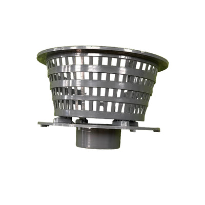 A dark gray plastic drain basket with a slotted body and flange base, white background 