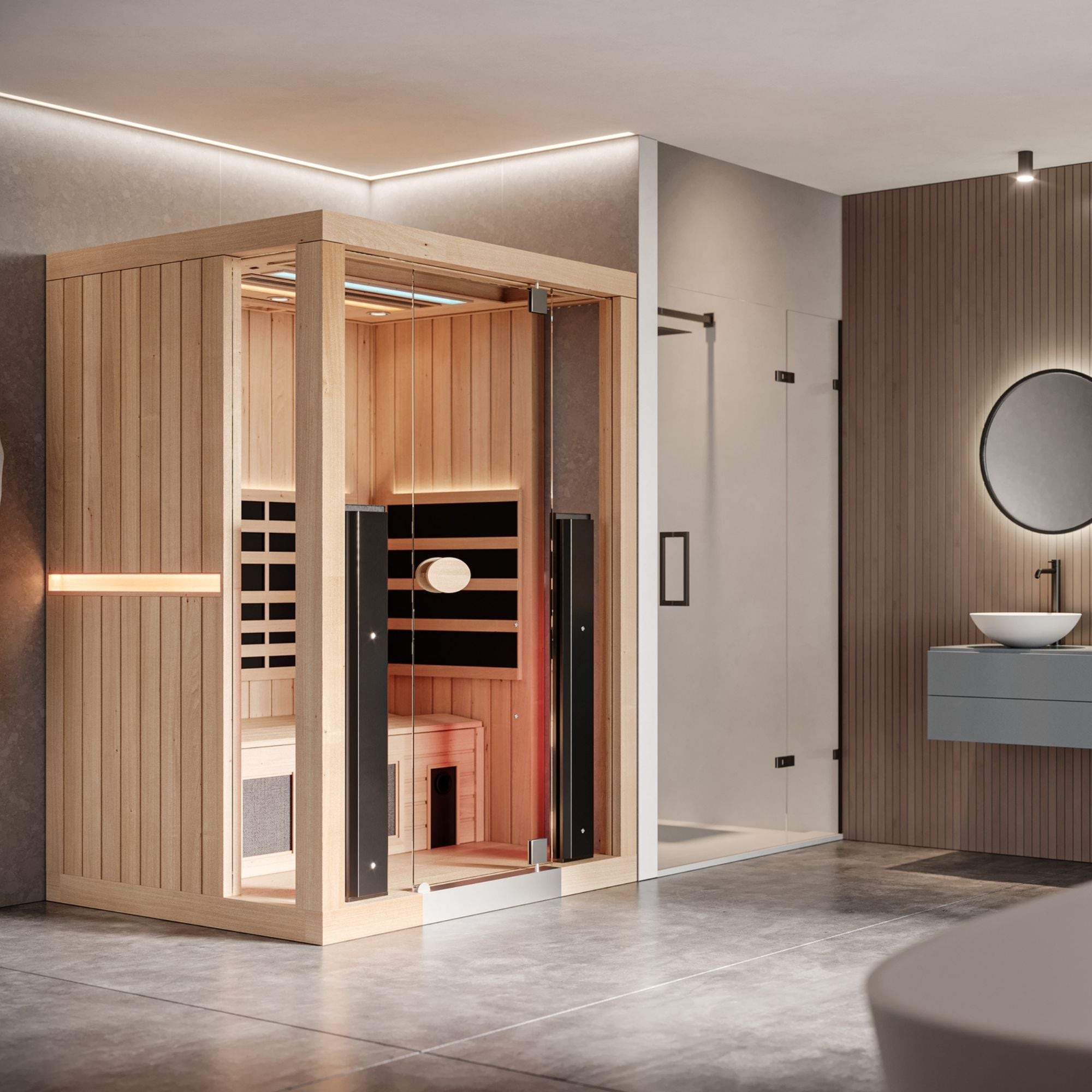 Infrared sauna in a modern bathroom setting with wooden walls and a round mirror.