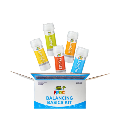 Frog Balancing Basics Kit with colorful bottles on a white background