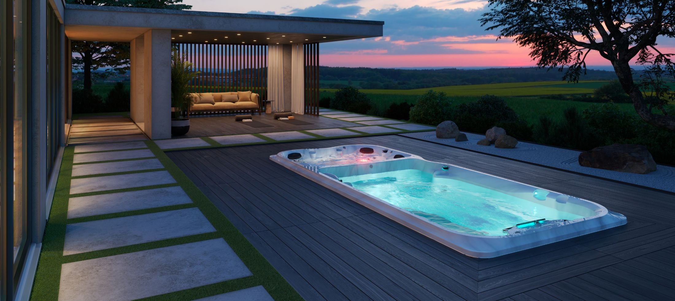 Outdoor swim spa with scenic view at dusk, modern house